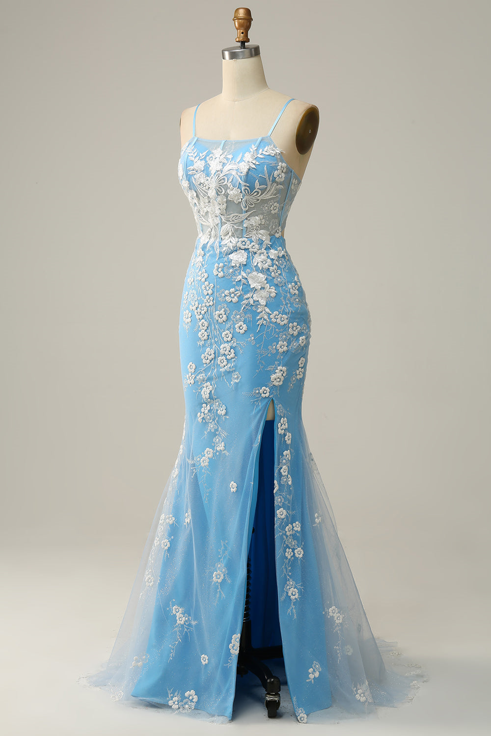 Sky Blue Straps Mermaid Appliques Cut-Out Gemmanovae Long Prom Dress with Slit