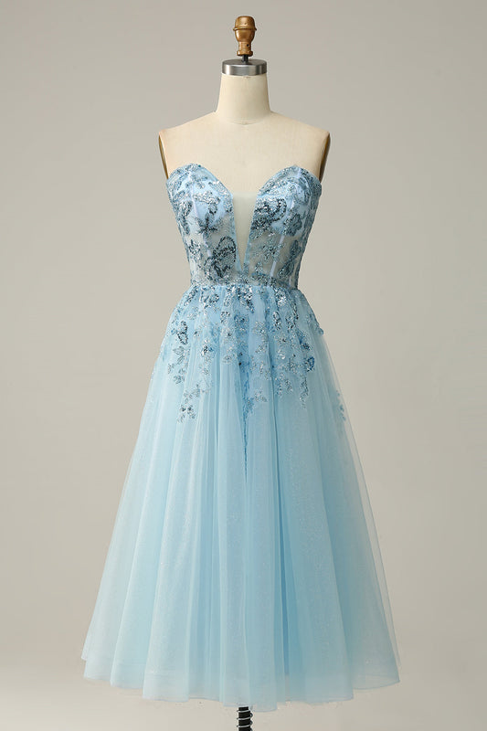 Light Blue Strapless Plunging V Neck Sequin-Embroidered Tea-Length Gemmanovae Prom Dress