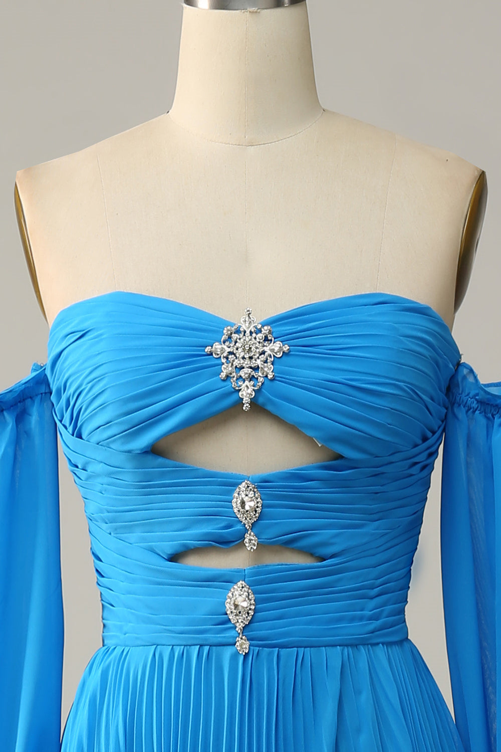 Blue Off-the-Shoulder Long Sleeves Cut-Out A-line Long Prom Dress