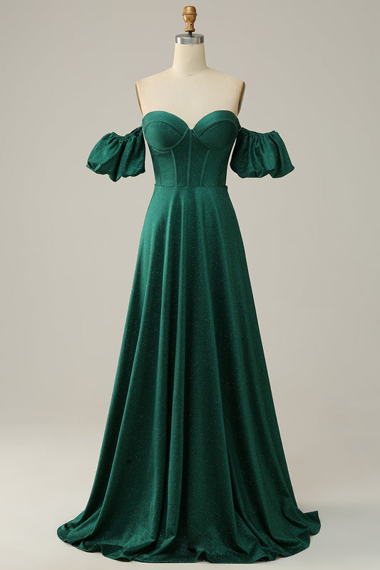 Sparkly Hunter Green Off-the-Shoulder Puff Sleeves A-line Gemmanovae Long Prom Dress