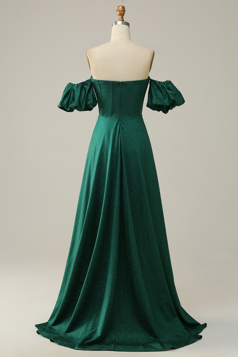 Sparkly Hunter Green Off-the-Shoulder Puff Sleeves A-line Gemmanovae Long Prom Dress