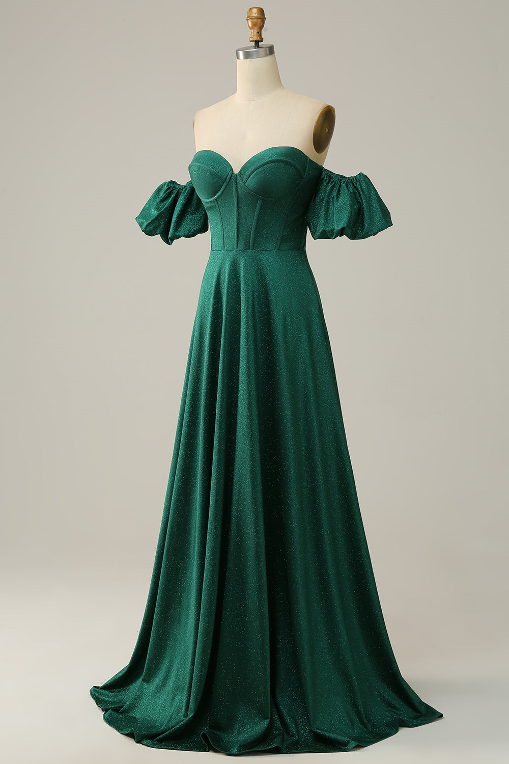 Sparkly Hunter Green Off-the-Shoulder Puff Sleeves A-line Gemmanovae Long Prom Dress