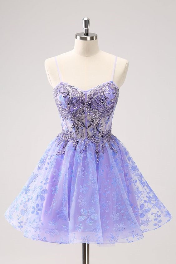 Sparkly Lilac Floral A Line Corset Short Gemmanovae Homecoming Dress