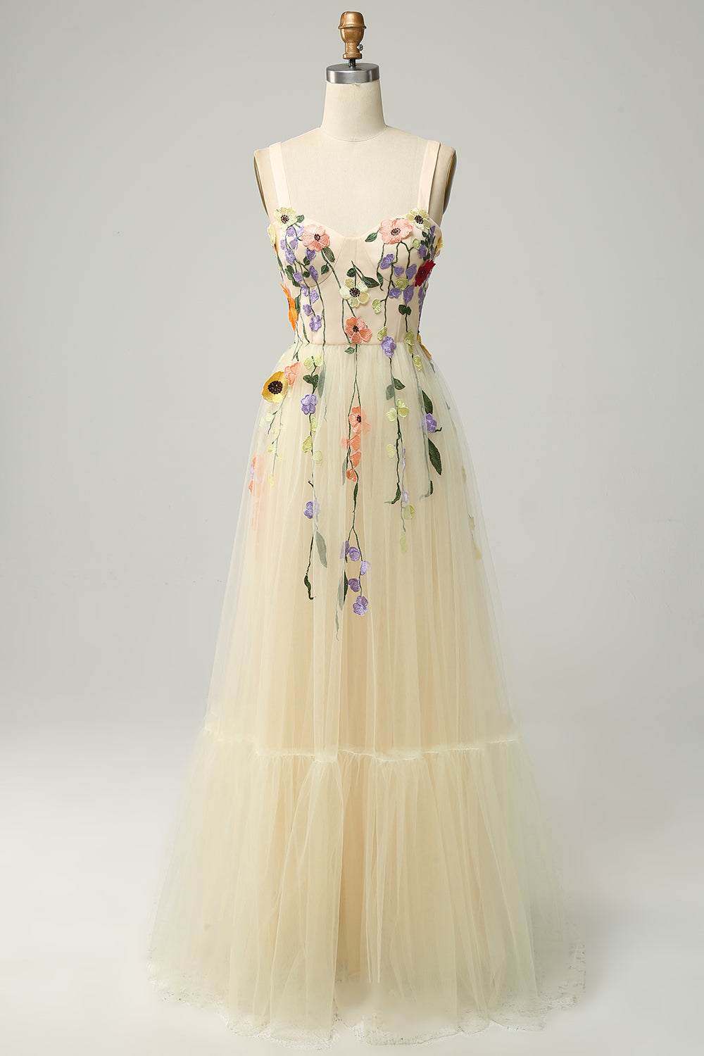 Light Yellow A-line Appliques Tulle Gemmanovae Long Prom Dress