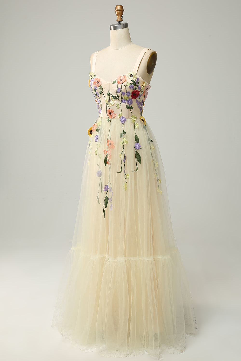 Light Yellow A-line Appliques Tulle Gemmanovae Long Prom Dress