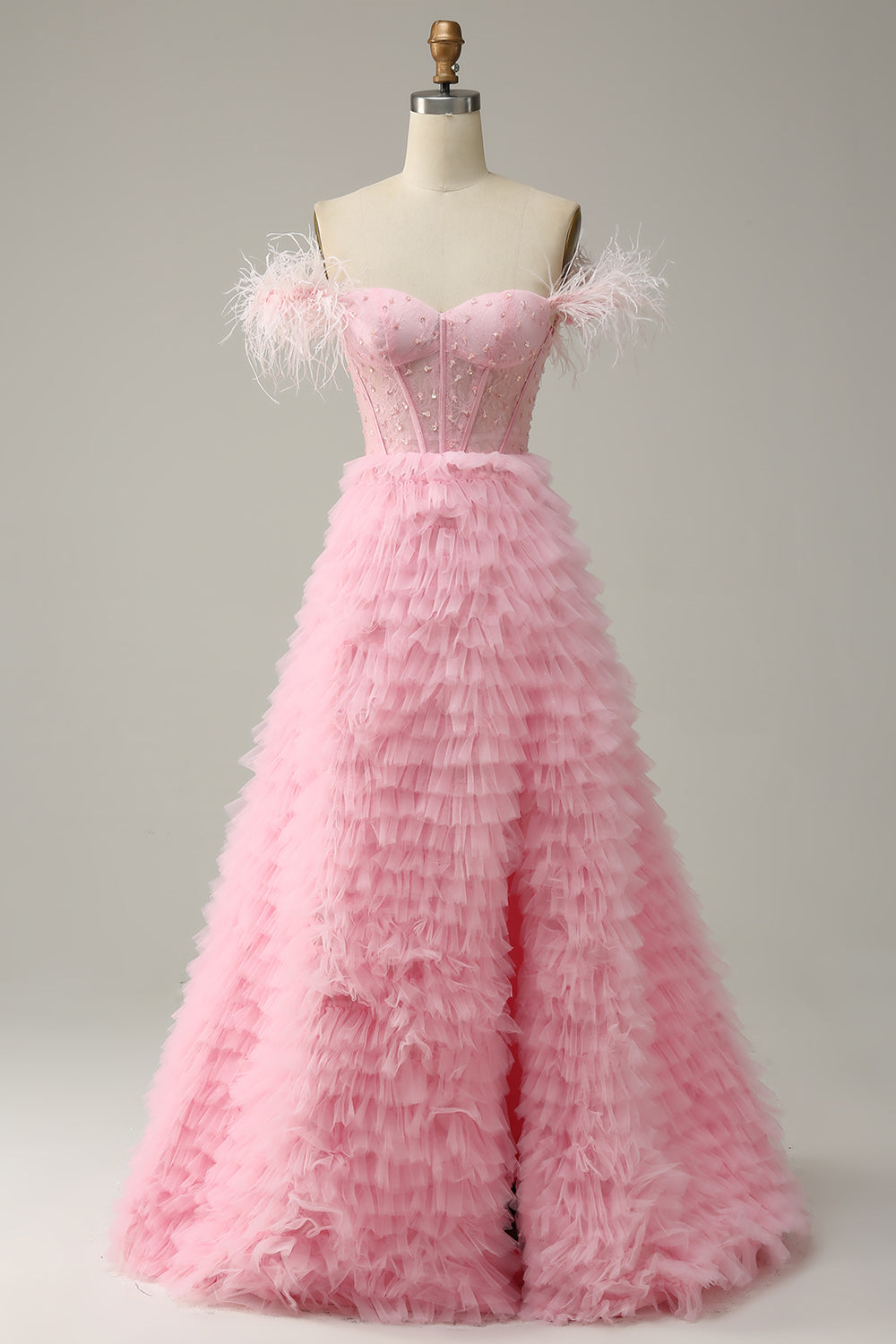 Pink Off-the-Shoulder Feathers Beaded A-line Ruffles Gemmanovae  Long Prom Dress with Slit