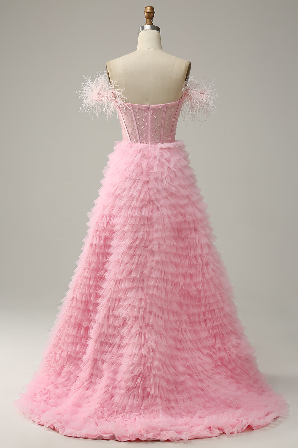 Pink Off-the-Shoulder Feathers Beaded A-line Ruffles Gemmanovae  Long Prom Dress with Slit