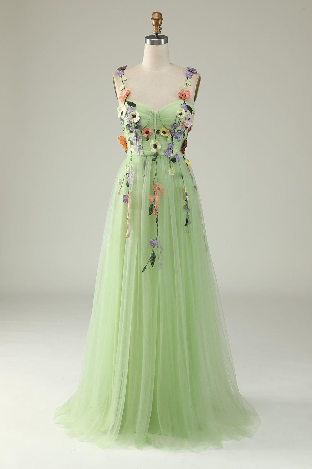 Lavender Flower Straps Appliques A-line Gemmanovae Tulle Long Prom Dress