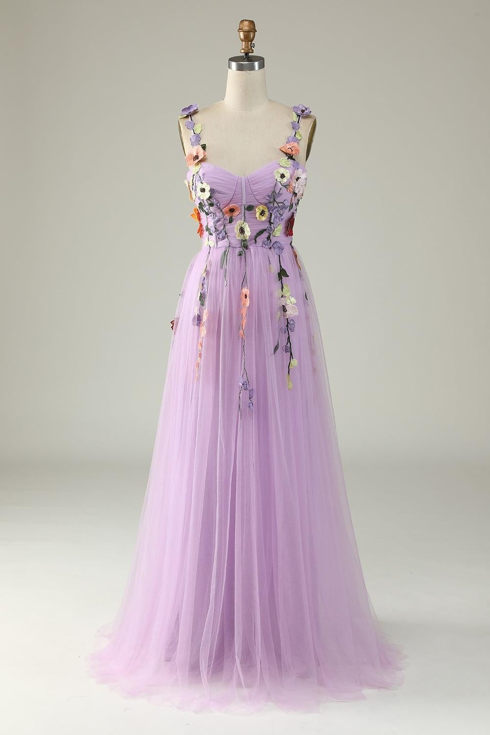 Lavender Flower Straps Appliques A-line Gemmanovae Tulle Long Prom Dress