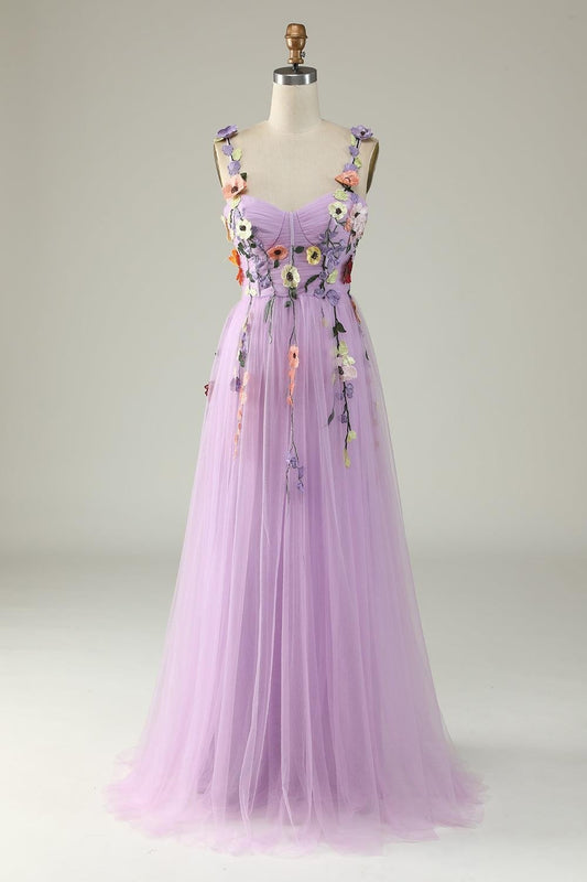 Lavender Flower Straps Appliques A-line Gemmanovae Tulle Long Prom Dress