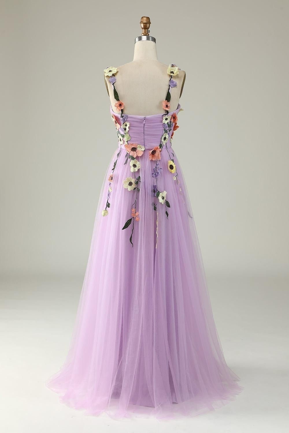 Lavender Flower Straps Appliques A-line Gemmanovae Tulle Long Prom Dress