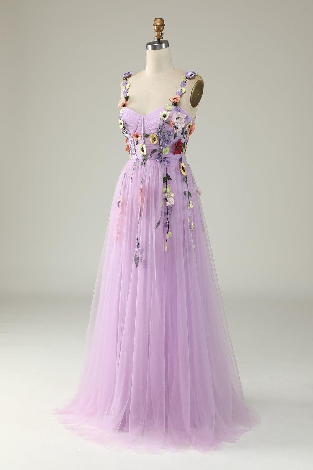 Lavender Flower Straps Appliques A-line Gemmanovae Tulle Long Prom Dress