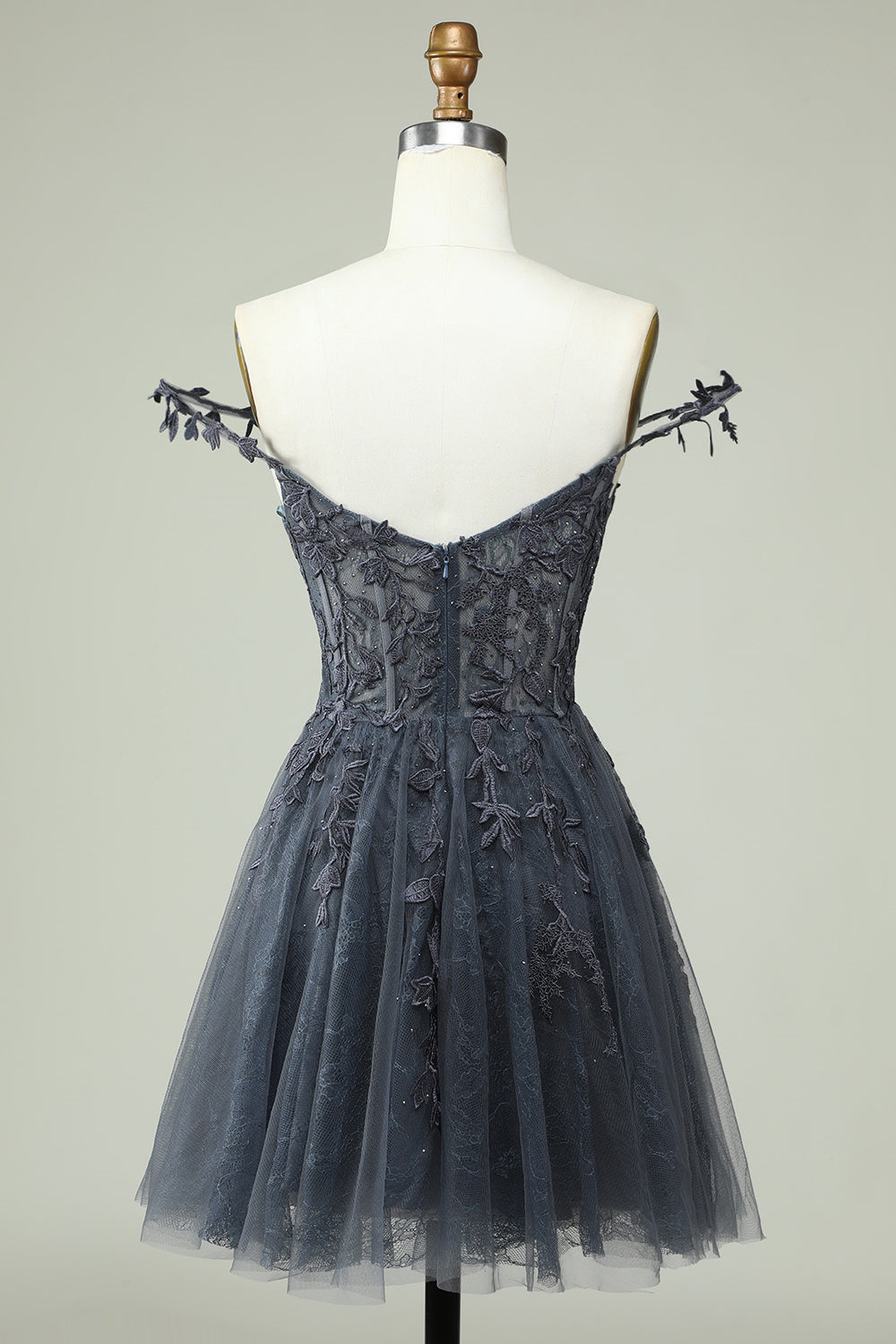 Dark Navy A-line Flower Straps Appliques Tulle Homecoming Dress