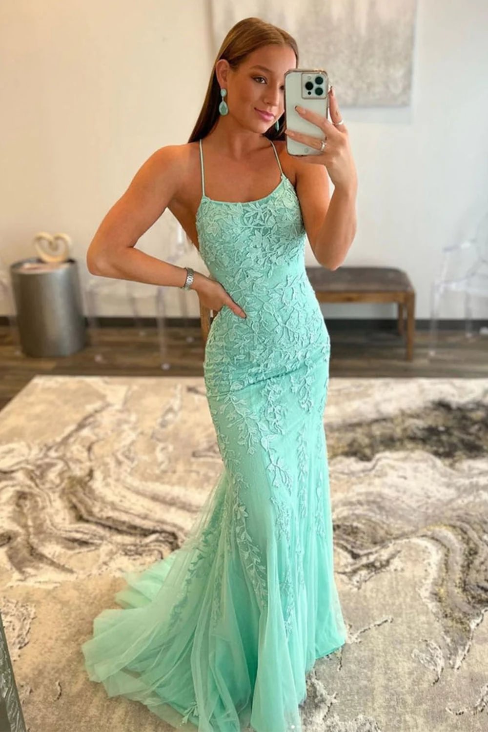 Mermaid Blue Long Prom Dress Backless Evening Dress