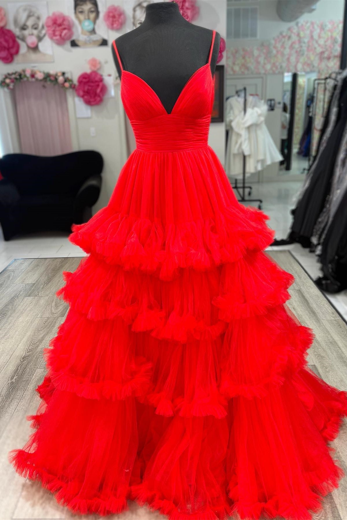 Red Ruffle Layers A-line Spaghetti Straps Deep V Gemmanovae Long Prom Dress