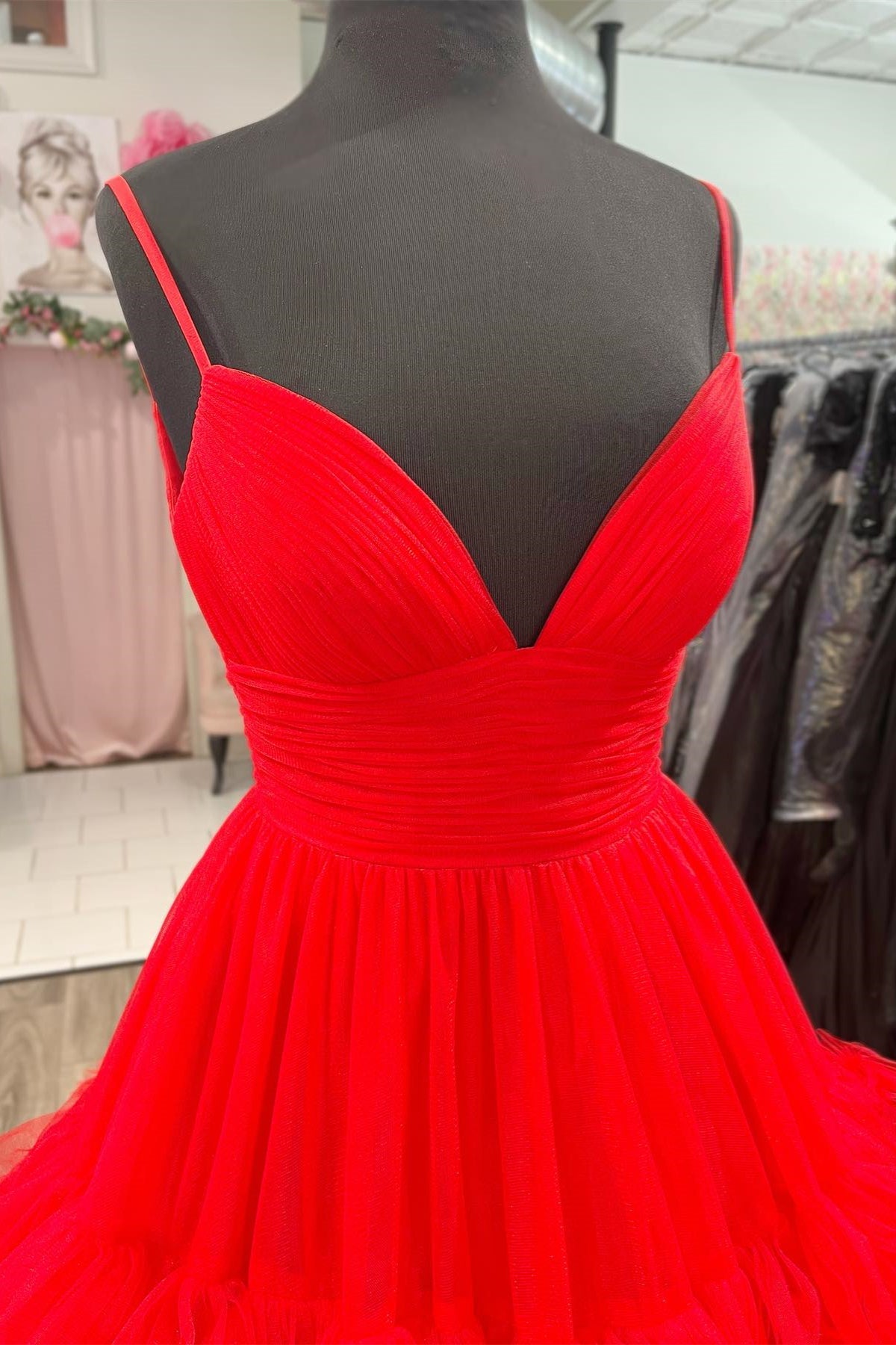 Red Ruffle Layers A-line Spaghetti Straps Deep V Gemmanovae Long Prom Dress