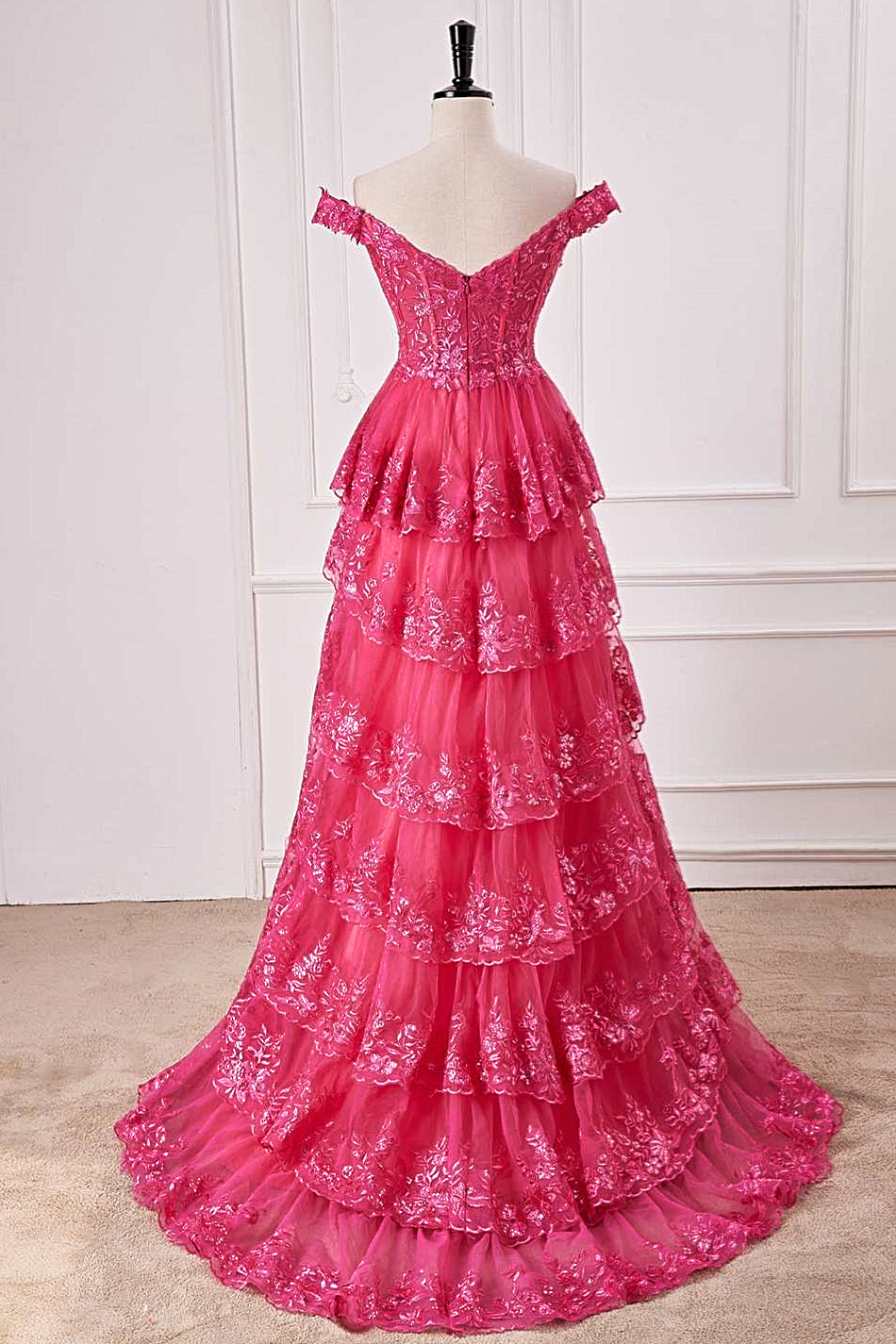 Hot Pink Off-Shoulder Sequined Layers A-line Gemmanovae Long Prom Dress with Slit