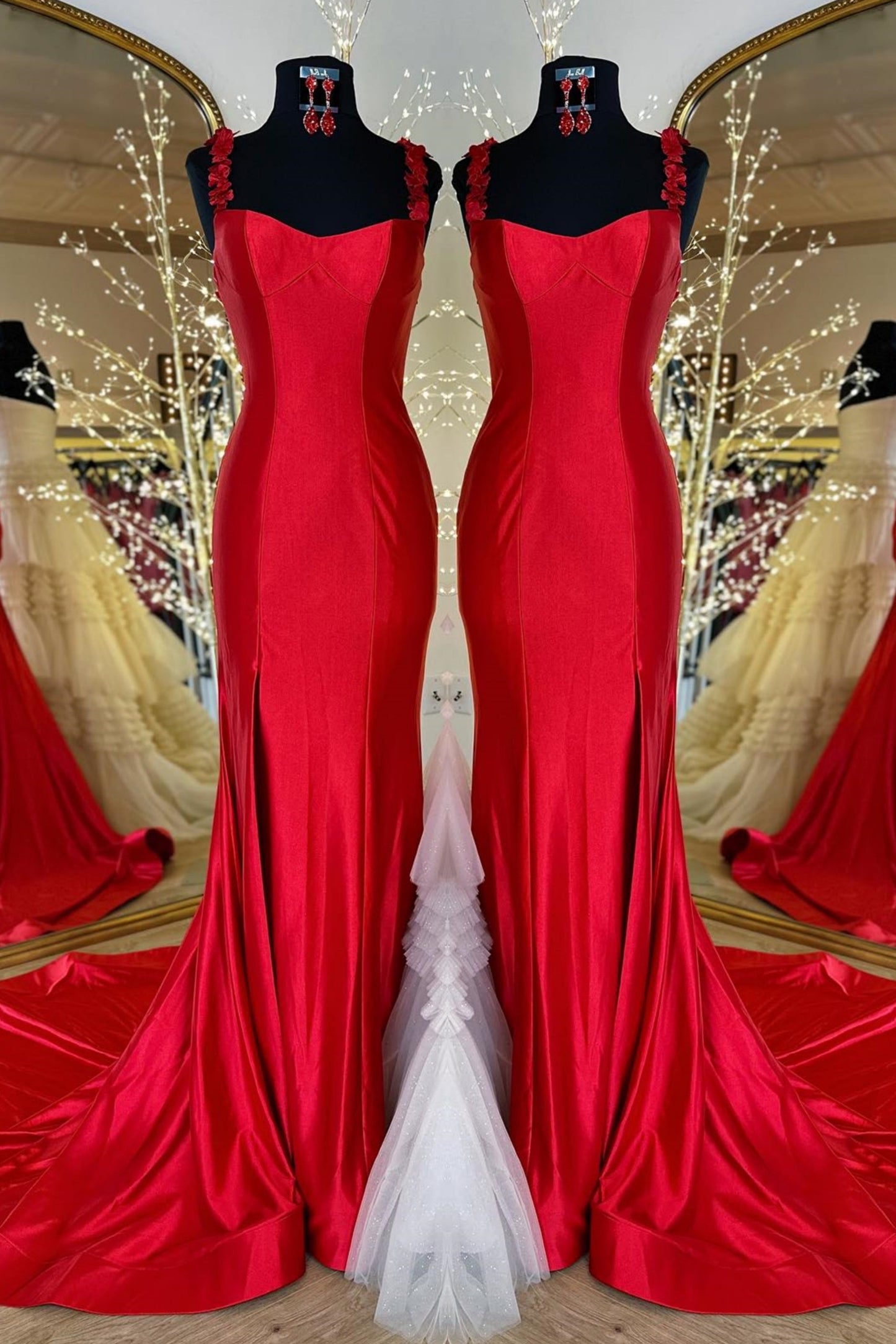 Red Flower Straps Mermaid Satin GemmanovaeLong Prom Dress with Slit