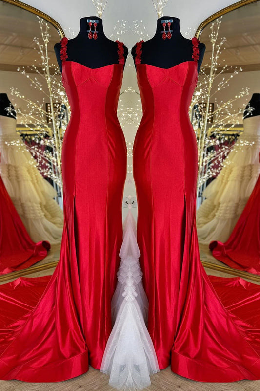 Red Flower Straps Mermaid Satin GemmanovaeLong Prom Dress with Slit