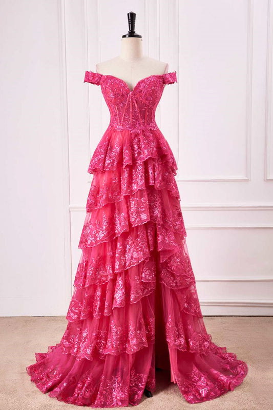 Hot Pink Off-Shoulder Sequined Layers A-line Gemmanovae Long Prom Dress with Slit