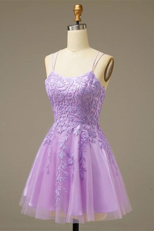 Lilac A-line Lace-Up Back Applique Tulle Mini Gemmanovae Homecoming Dress