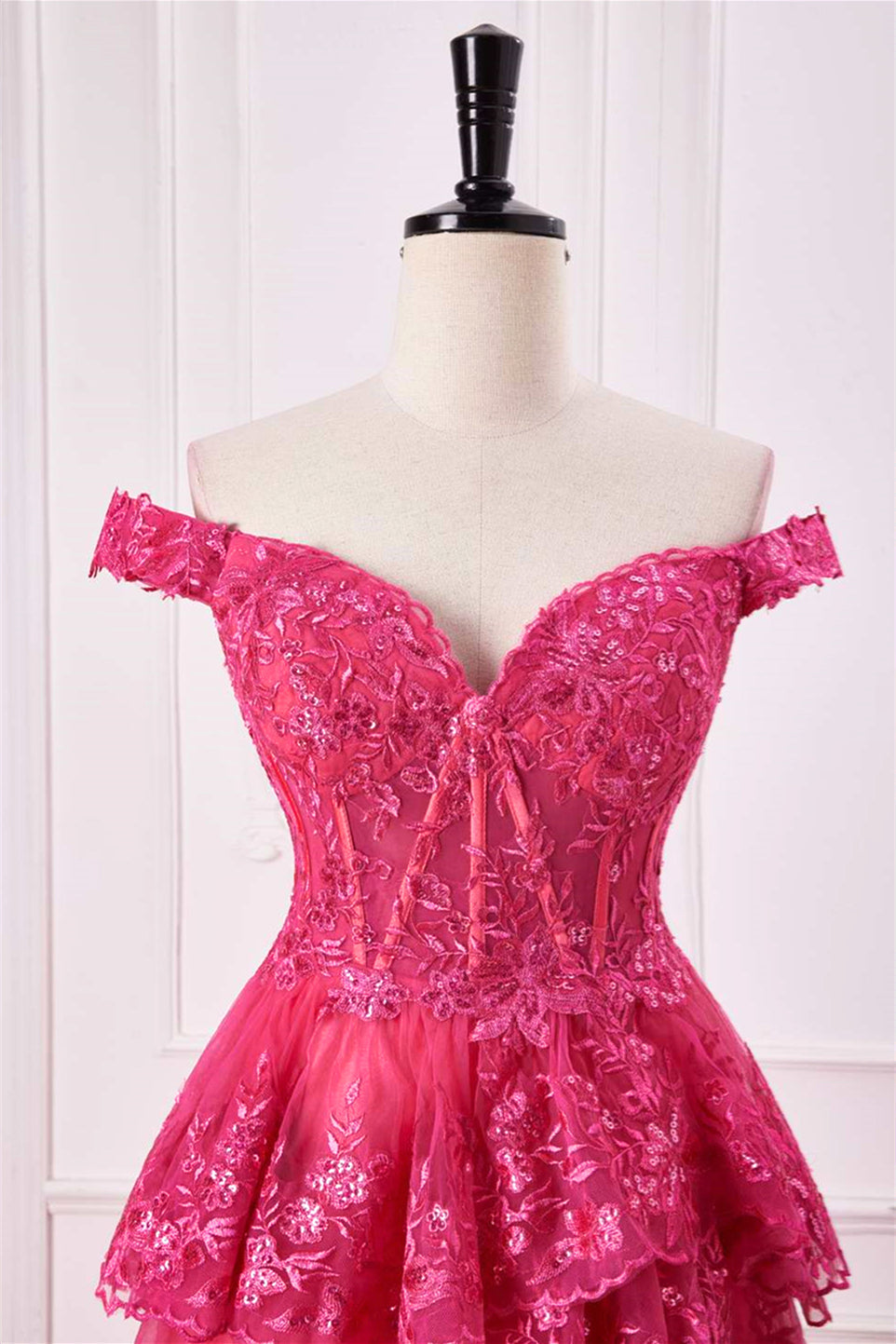 Hot Pink Off-Shoulder Sequined Layers A-line Gemmanovae Long Prom Dress with Slit