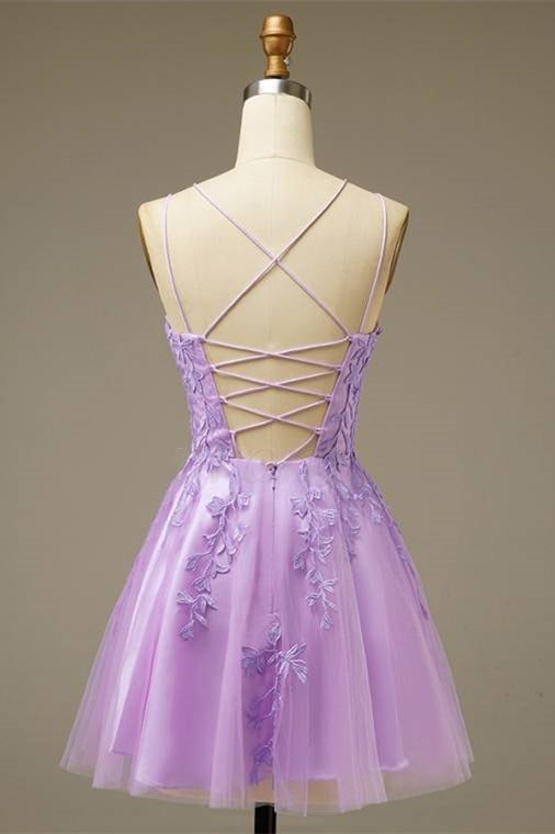 Lilac A-line Lace-Up Back Applique Tulle Mini Gemmanovae Homecoming Dress