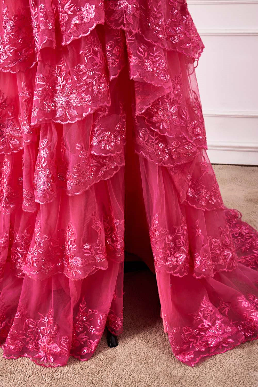 Hot Pink Off-Shoulder Sequined Layers A-line Gemmanovae Long Prom Dress with Slit