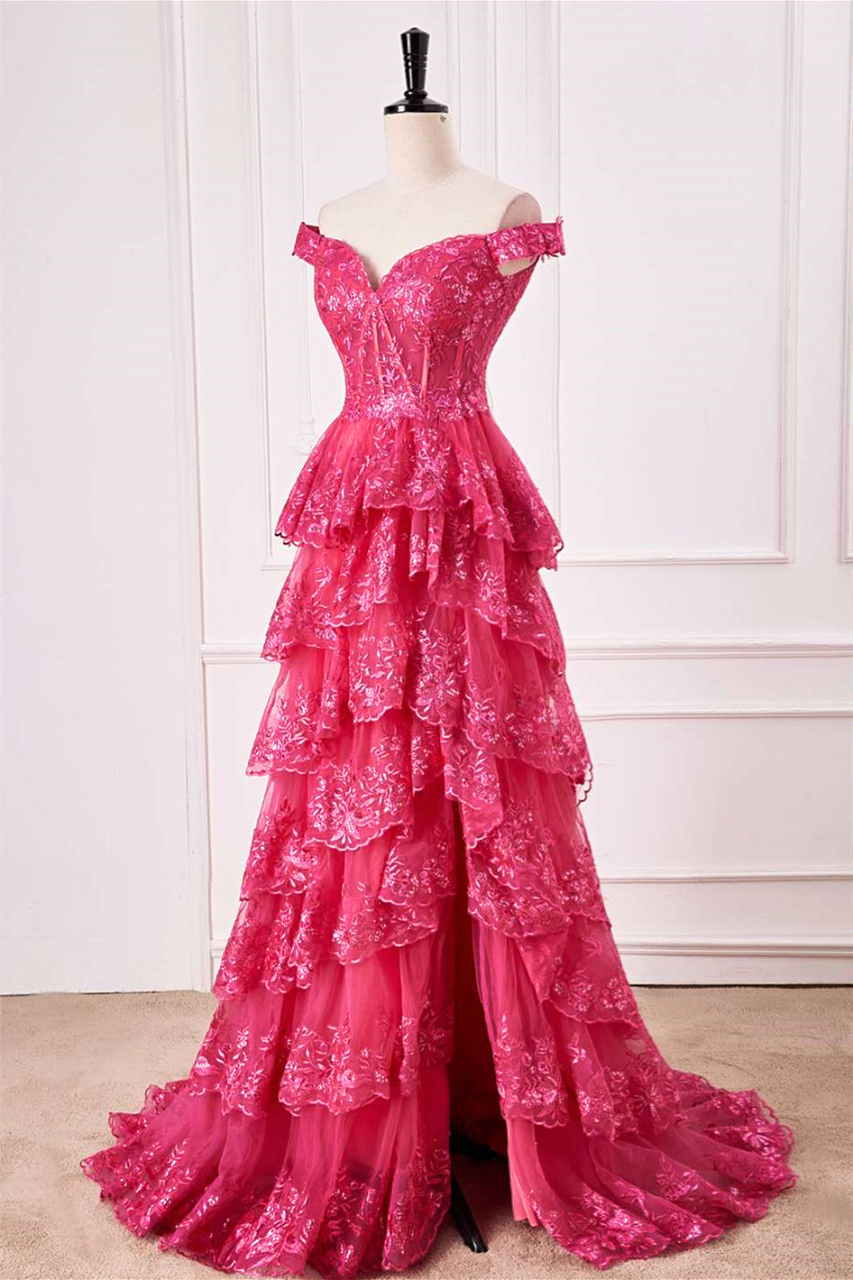 Hot Pink Off-Shoulder Sequined Layers A-line Gemmanovae Long Prom Dress with Slit