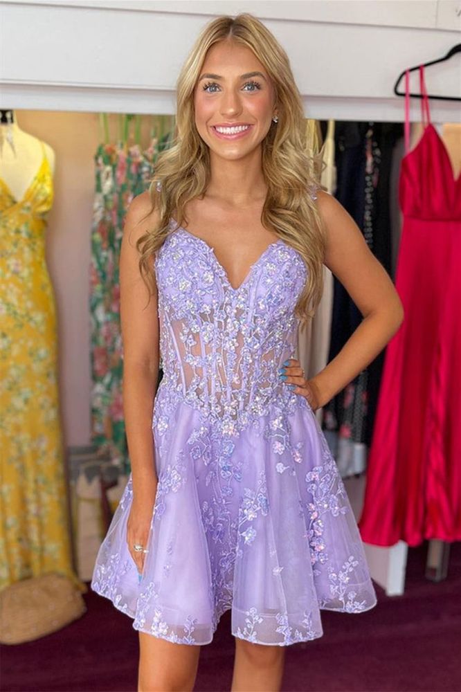 Lilac A-line Appliques Deep V Neck Short Gemmanovae Homecoming Dress