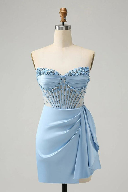 Sparkly Blue Bodycon Gemmanovae Corset Homecoming Dress with Beading Sweetheart Cocktail