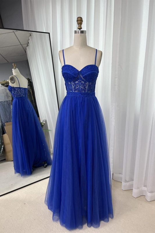 Royal Blue Straps Appliques A-line Tulle Gemmanovae Long Prom Dress