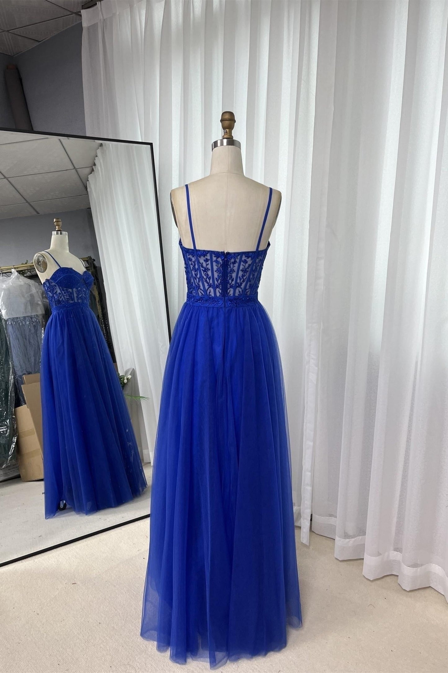 Royal Blue Straps Appliques A-line Tulle Gemmanovae Long Prom Dress