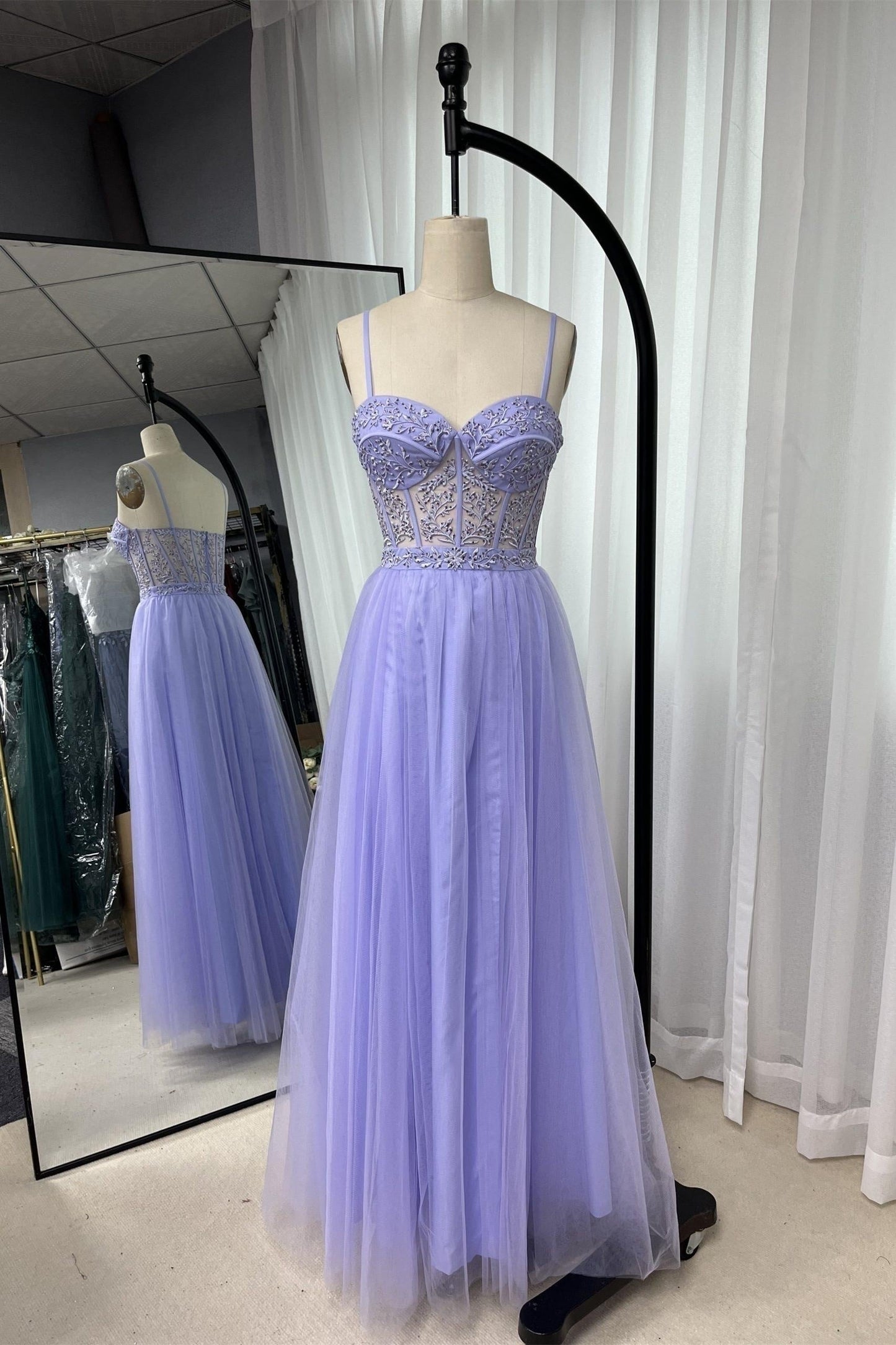 Royal Blue Straps Appliques A-line Tulle Gemmanovae Long Prom Dress