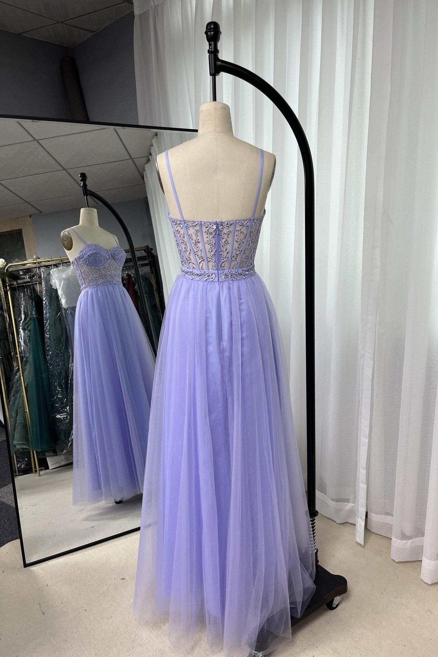 Royal Blue Straps Appliques A-line Tulle Gemmanovae Long Prom Dress