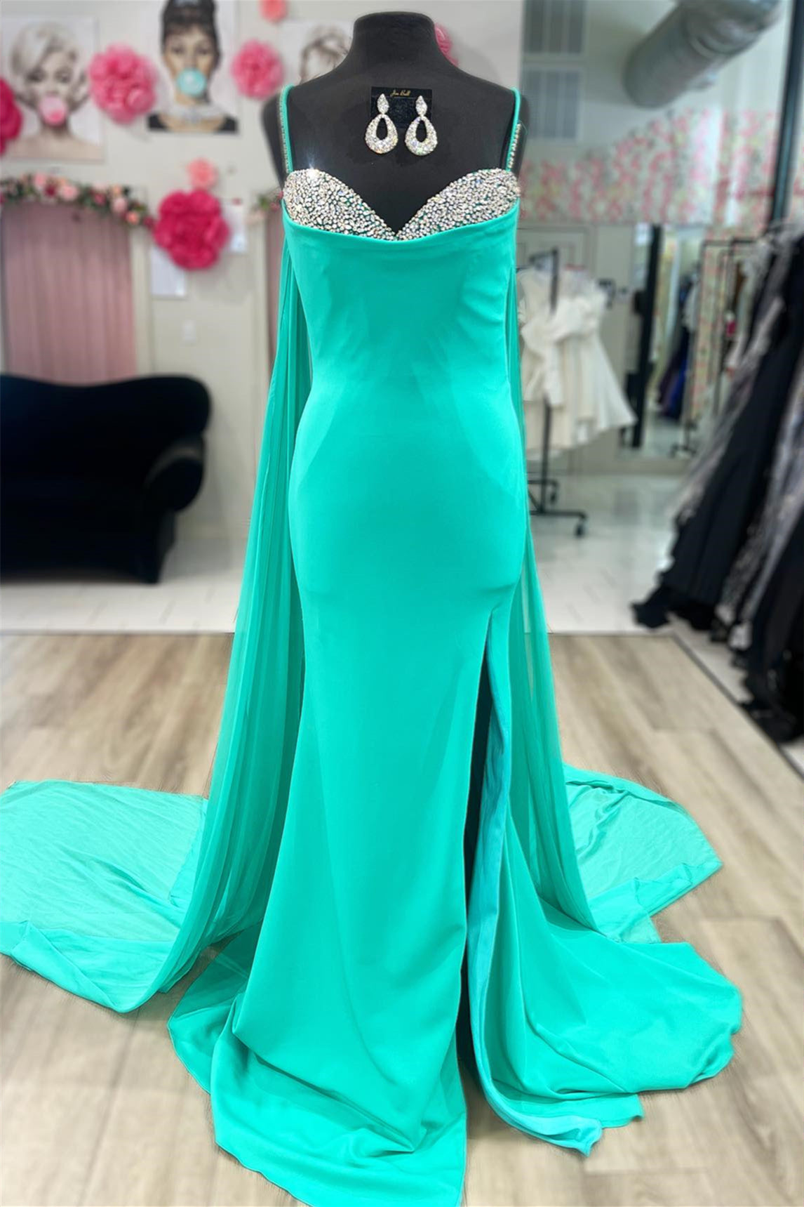 Gemmanovae Green Spaghetti Straps Beaded Mermaid Long Prom Dress with Slit