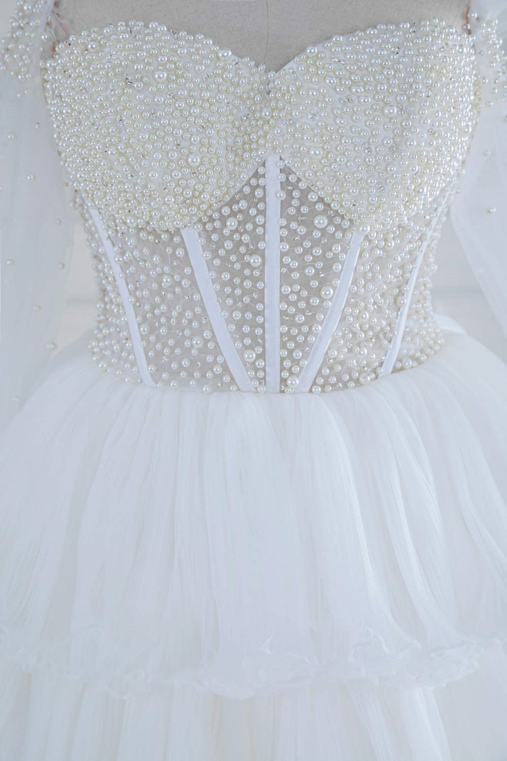 Gemmanovae White Off-Shoulder Pearl Beaded Layers Long Prom Dress