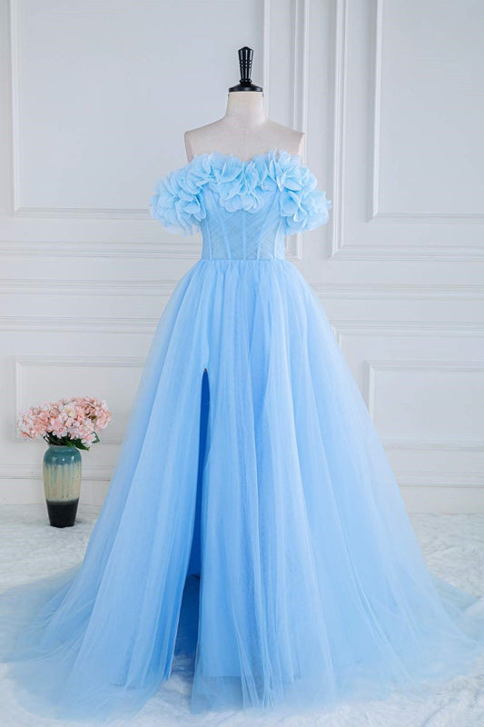 Light Blue Flowers Off-Shoulder A-line Gemmanovae Long Prom Dress with Slit