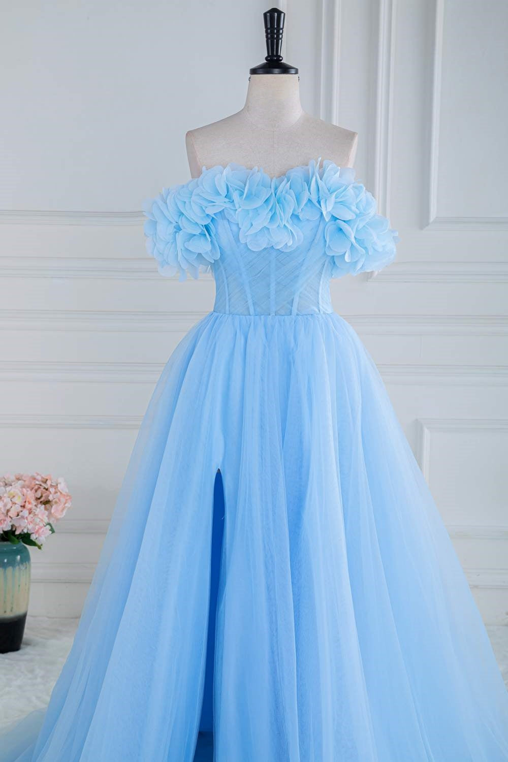 Light Blue Flowers Off-Shoulder A-line Gemmanovae Long Prom Dress with Slit