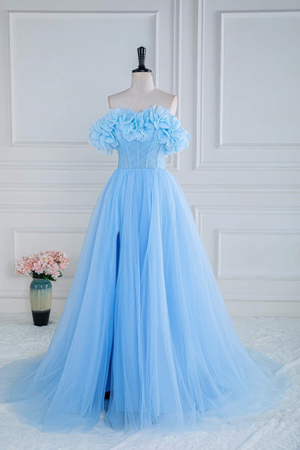 Light Blue Flowers Off-Shoulder A-line Gemmanovae Long Prom Dress with Slit