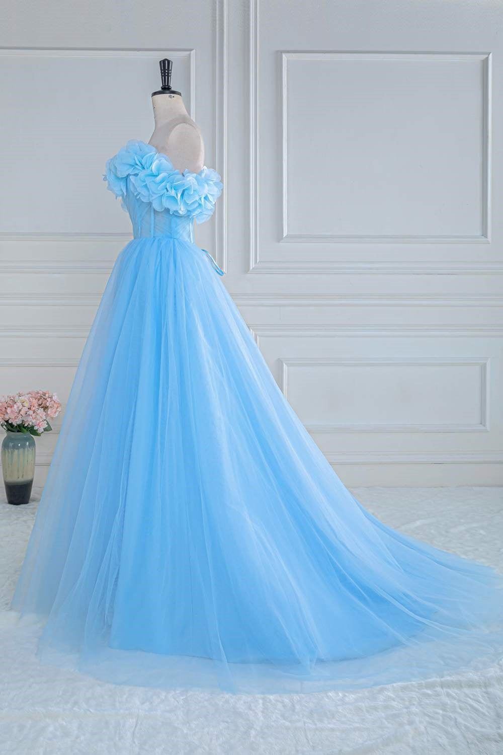 Light Blue Flowers Off-Shoulder A-line Gemmanovae Long Prom Dress with Slit