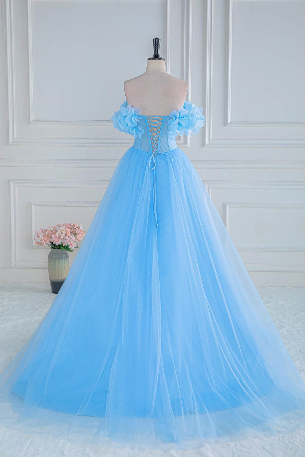 Light Blue Flowers Off-Shoulder A-line Gemmanovae Long Prom Dress with Slit