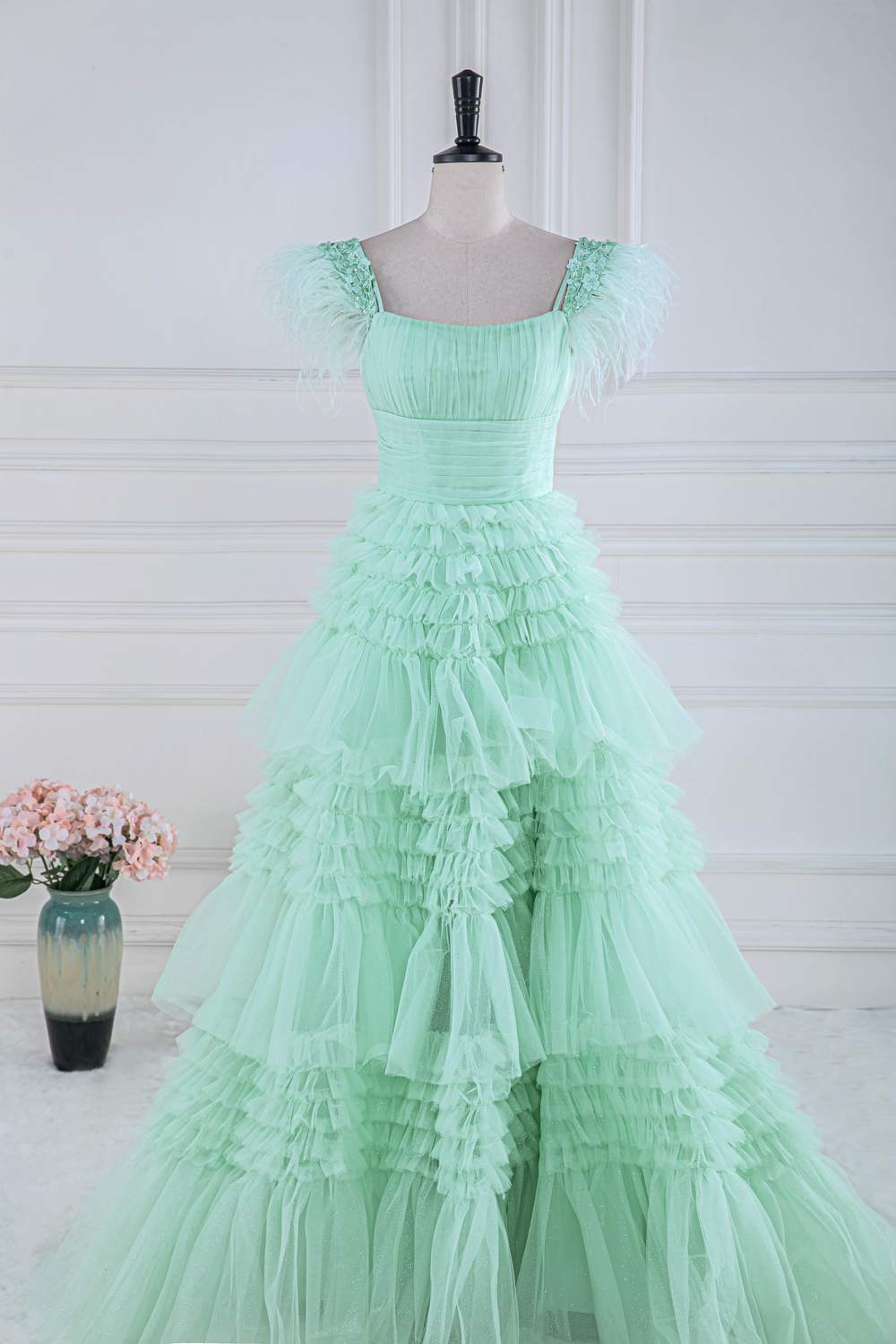 Mint Green A-line Layers Gemmanovae Long Prom Dress with Feather