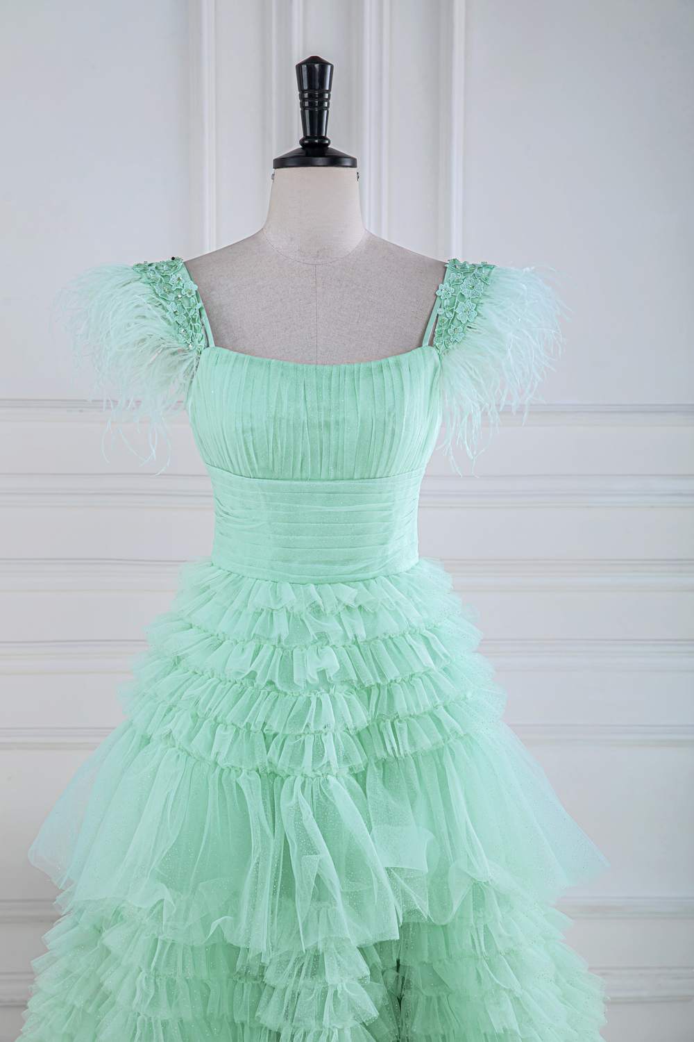 Mint Green A-line Layers Gemmanovae Long Prom Dress with Feather