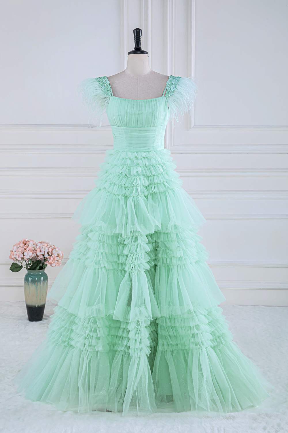 Mint Green A-line Layers Gemmanovae Long Prom Dress with Feather