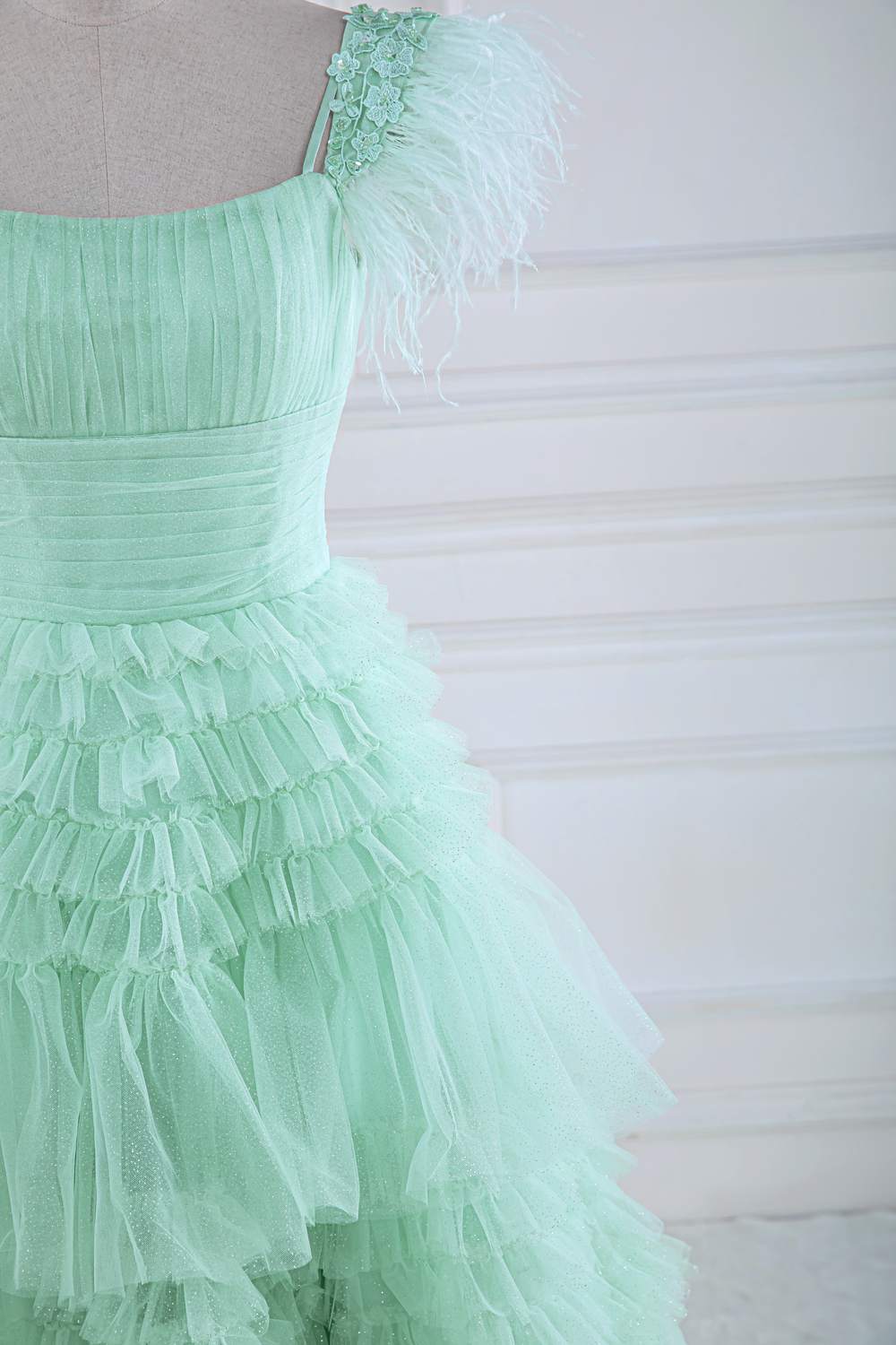 Mint Green A-line Layers Gemmanovae Long Prom Dress with Feather