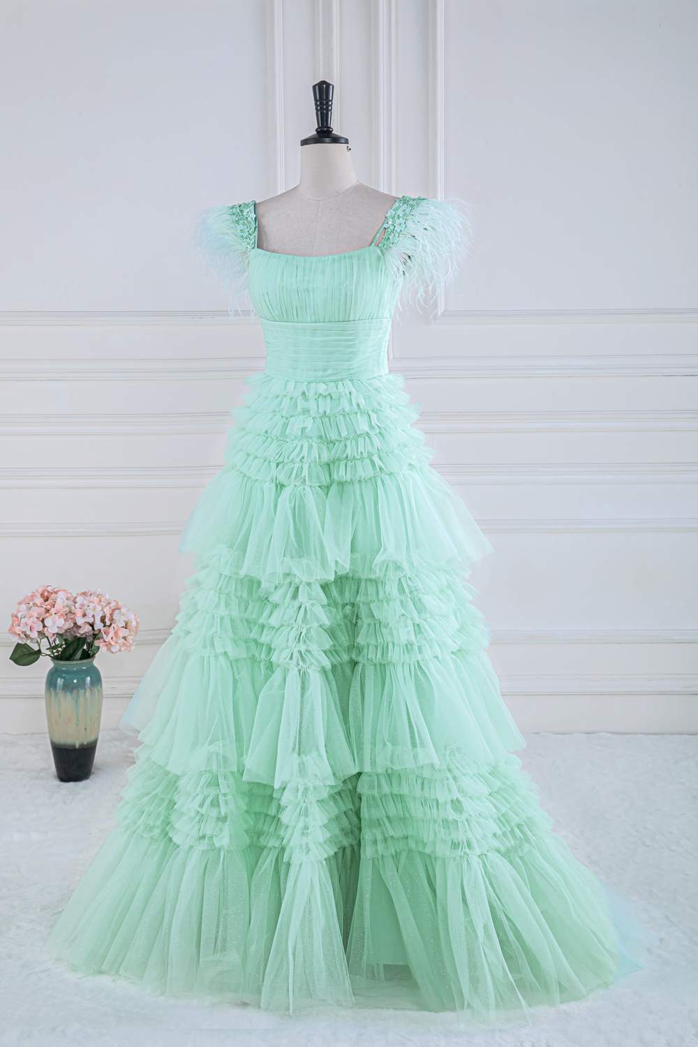 Mint Green A-line Layers Gemmanovae Long Prom Dress with Feather