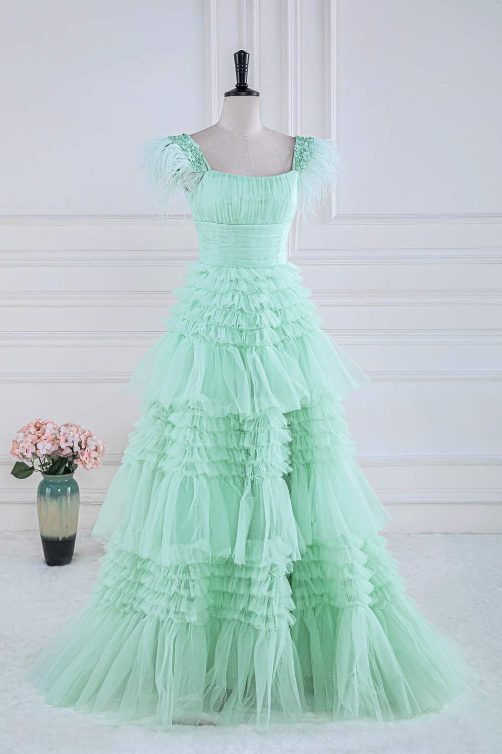 Mint Green A-line Layers Gemmanovae Long Prom Dress with Feather