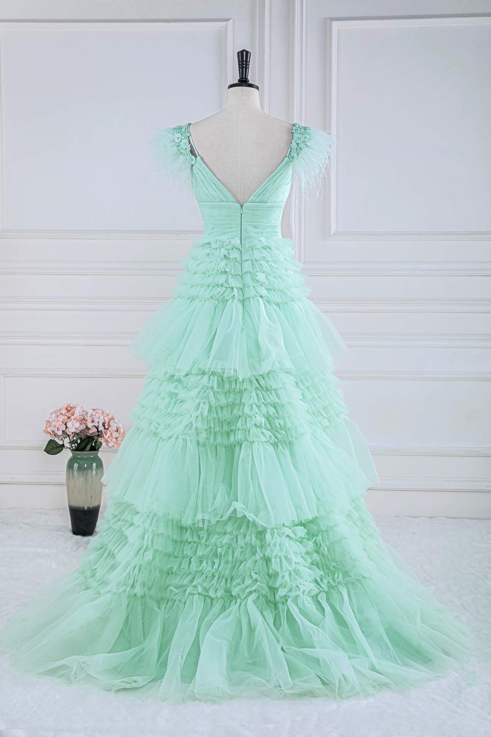 Mint Green A-line Layers Gemmanovae Long Prom Dress with Feather