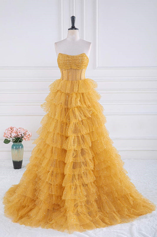 Yellow Sequined Strapless Layers A-line Gemmanovae Long Prom Dress